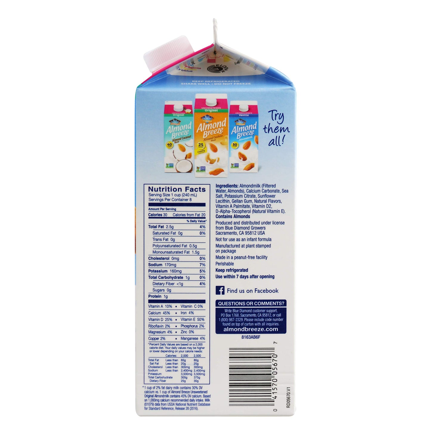 Almond Breeze Blue Diamond, Almond milk, Original, 64 Fl Oz