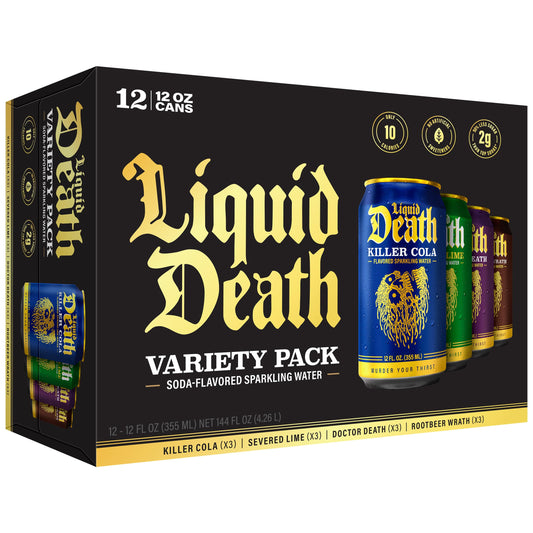 Liquid Death Soda-Flavored Sparkling Water - Classic Variety, Less Sugar*, Huge Flavor, No Caffeine, No Artificial Sweeteners, 4 Flavors: Lime, Doctor Death, Cola, Root Beer, 12 Fl Oz (Pack of 12)