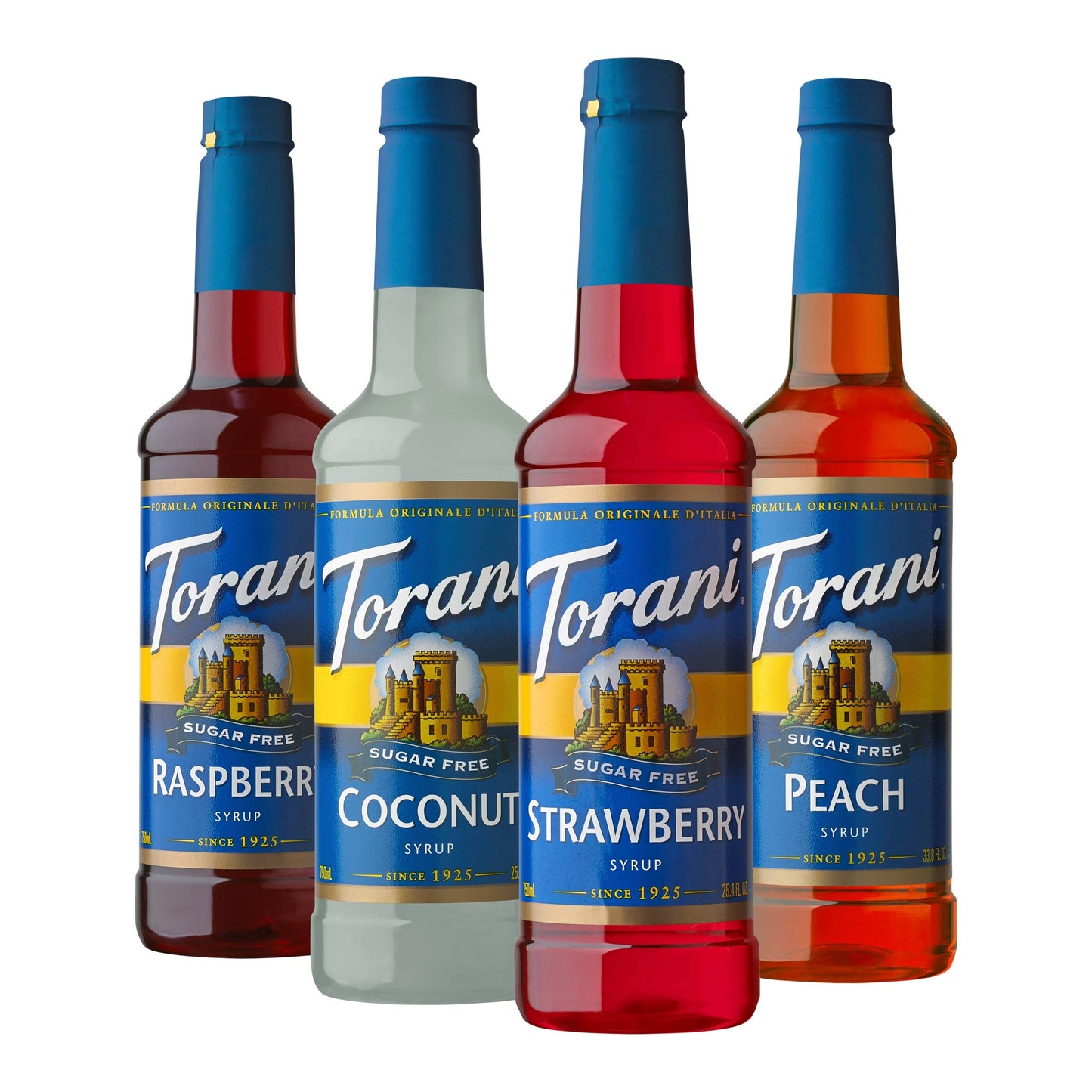 Torani Sugar Free Flavored Drink Syrup Soda Flavors Variety Pack, Raspberry, Coconut, Strawberry & Peach, 25.4 fl oz, (Set of 4)