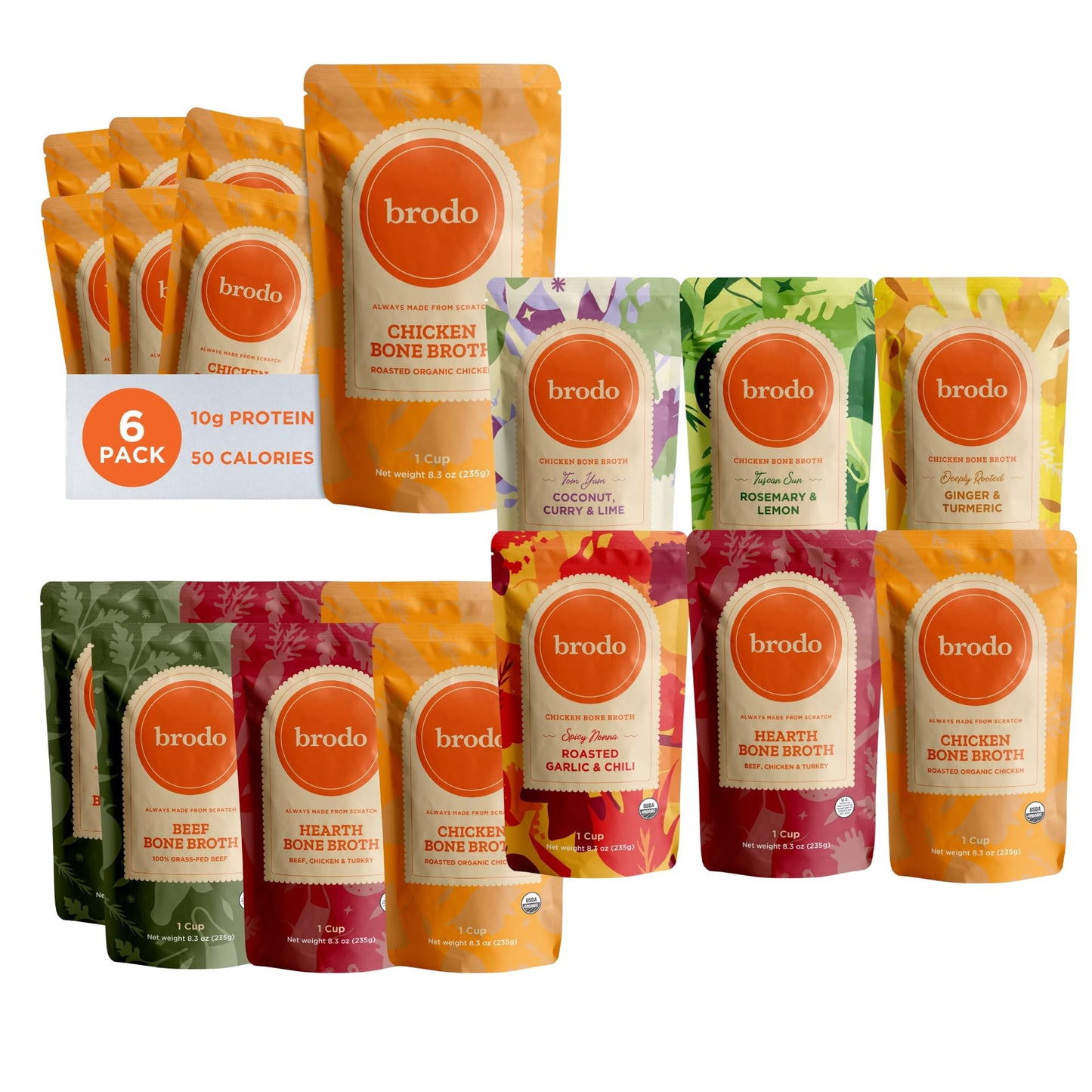 Brodo Bone Broth Bundle, Variety, Classic, and Chicken Packs, 8.3 oz (18 Cups Total)