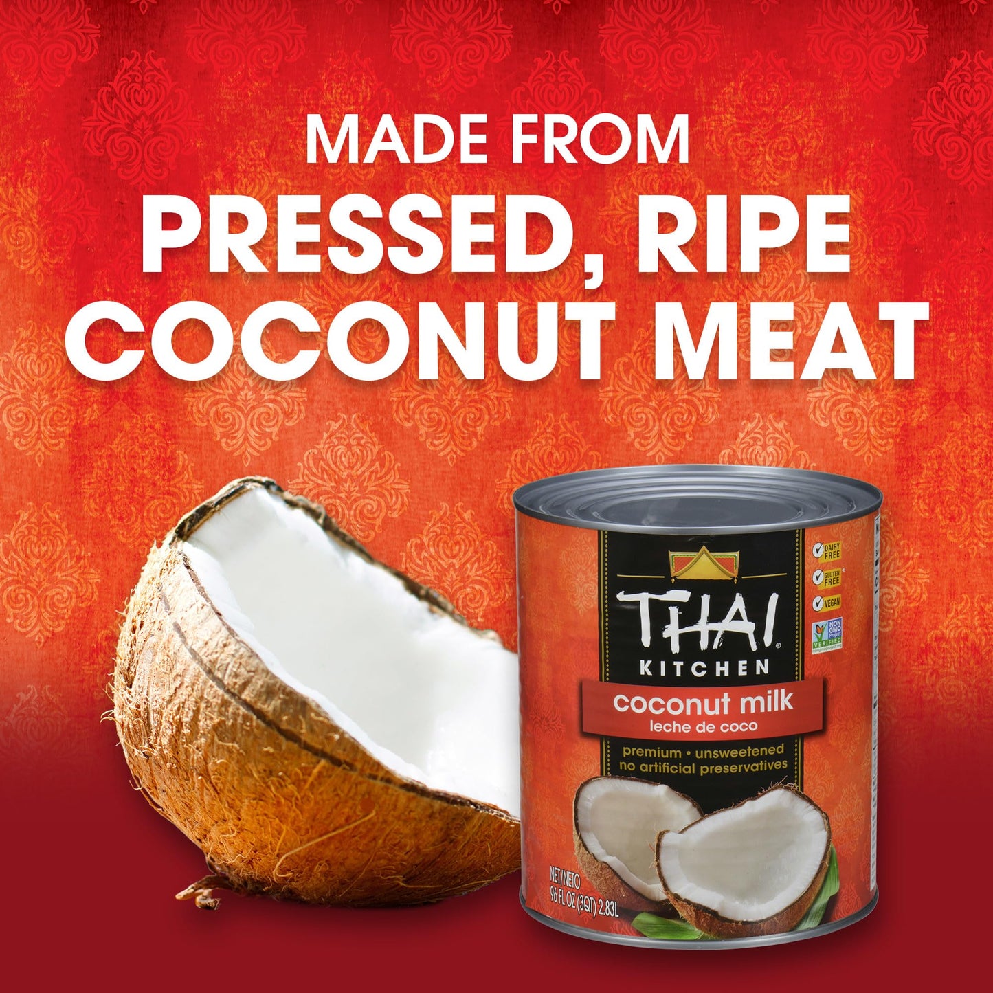 Thai Kitchen Coconut Milk, 96 fl oz (Pack of 6) - Six 96 Fluid Ounce Containers of Unsweetened, Premium Dairy Free Coconut Milk Perfect for Vegan Curries, Sauces, Soups, Desserts, and Beverages