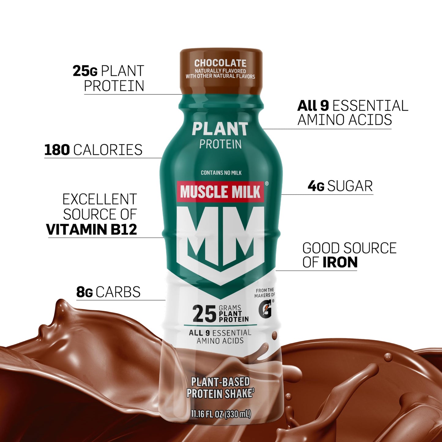 Muscle Milk Plant Based Protein Shake,Chocolate,11.16 Fl Oz,(Pack of 24)