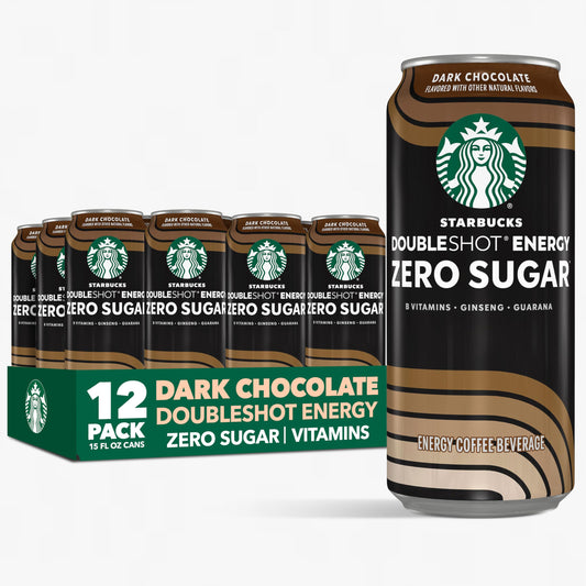 Starbucks Doubleshot Zero Sugar Coffee Energy Drink, Dark Chocolate, 15 fl oz Cans, (12 Pack), Zero Sugar, B Vitamins, Ginseng, Guarana, Iced Coffee Drink