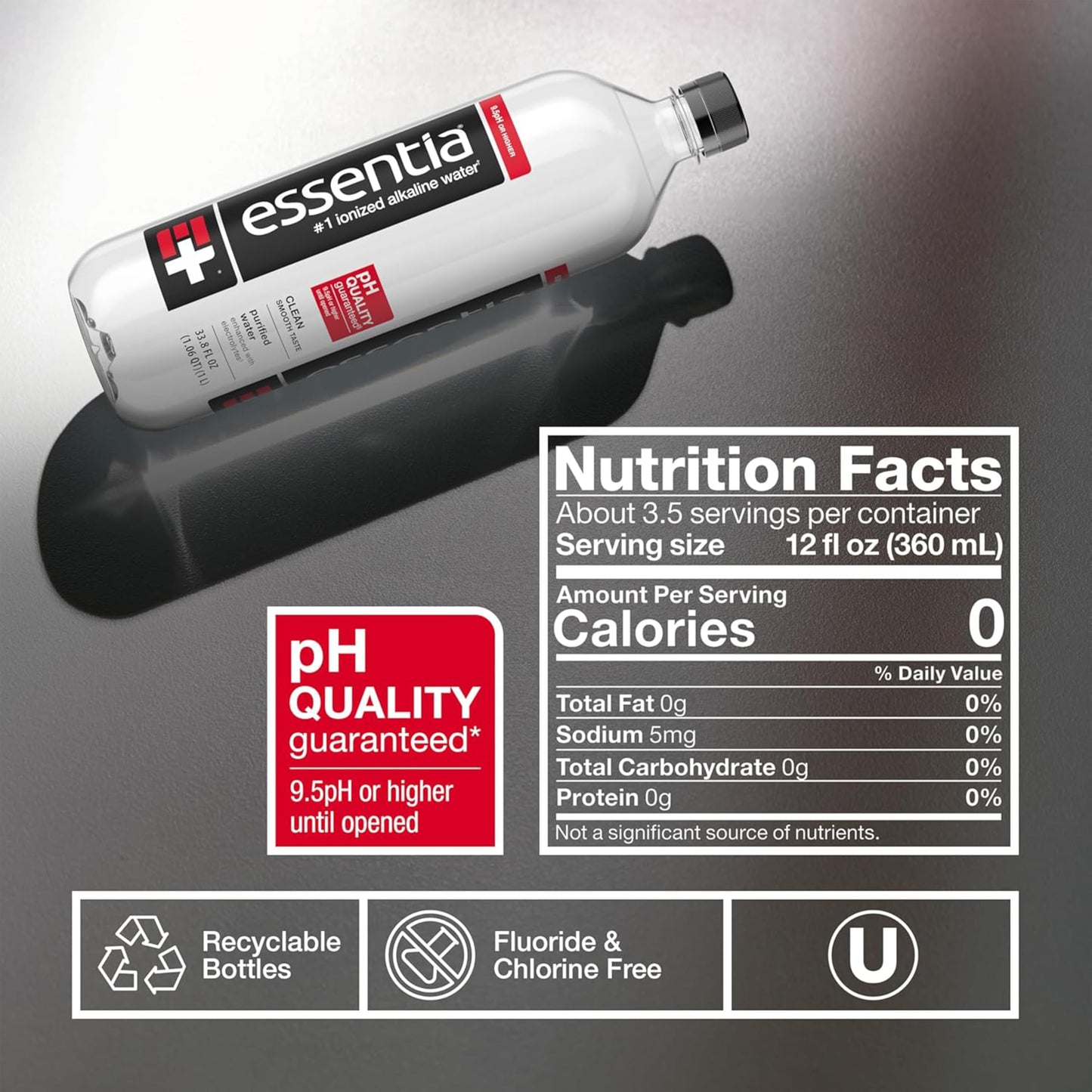 Essentia Water LLC , 99.9% Pure, Infused with Electrolytes for a Smooth Taste, pH 9.5 or Higher; Ionized Alkaline Water, Black, 42.3 Fl Oz (Pack of 12)