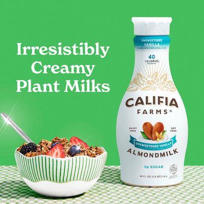 Califia Farms - Unsweetened Vanilla Almond Milk, 48 Oz, Dairy Free, Vegan, Plant Based, Keto, Gluten Free, Non GMO, Sugar Free, High Calcium, Smoothie
