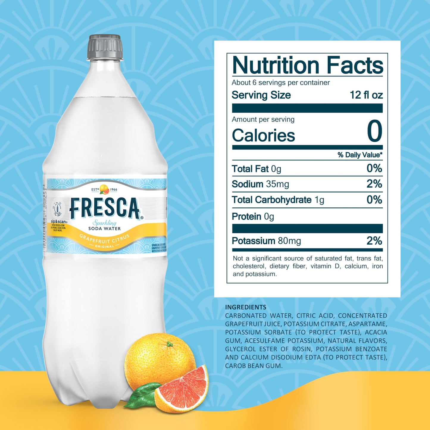 Fresca Grapefruit Citrus Sparkling Soda Water, Zero Calorie and Sugar Free, 2 Liter Bottle (Packaging may vary)