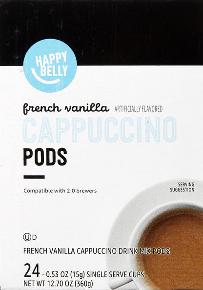 Happy Belly Cappuccino Coffee Pods Light Roast Compatible with 2.0 K-Cup Brewers, French Vanilla Flavored, 24 Count, 12.7 Ounce