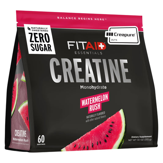 FITAID Creatine Monohydrate Powder, CreaPure, Watermelon Rush, ATP Production for Weightlifting, Cycling, Zero Sugar, Smooth-Mixing, Easy on Stomach, Resealable, 60 Servings
