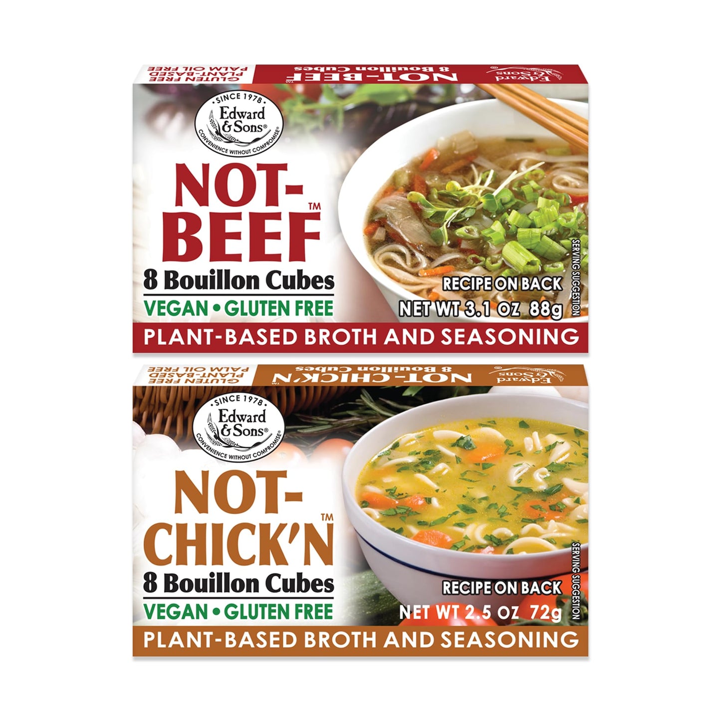 Edward and Sons Not Beef + Not Chicken Bouillon Cubes - Vegan, Chicken Stock, Gluten Free, Vegetable Broth, Organic Bouillon Cubes, Chicken Broth, Plant-Based, Palm Oil Free, No Trans Fat - 1 of Each