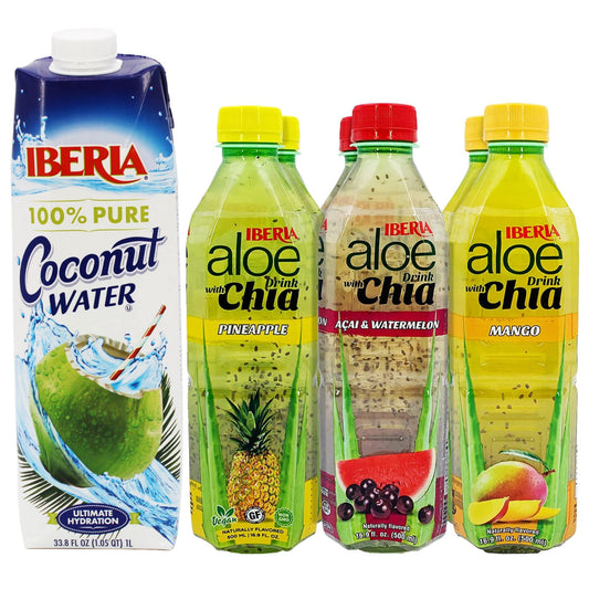 Iberia Coconut Water, 33.8 fl oz + Iberia Aloe Vera Drink with Aloe Pulp and Chia Seeds 16.9 Ounce (Pack of 6) 2 X Watermelon & Acai, 2 x Mango, 2 x Pineapple