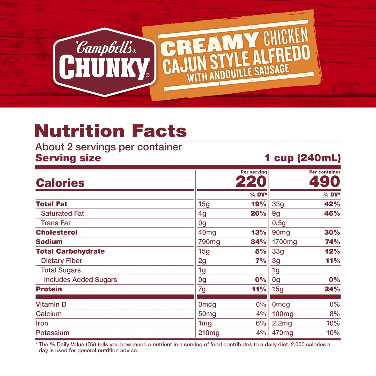 Campbell's Chunky Creamy Chicken Cajun Style Alfredo With Andouille Sausage Soup, 18.8 oz Can