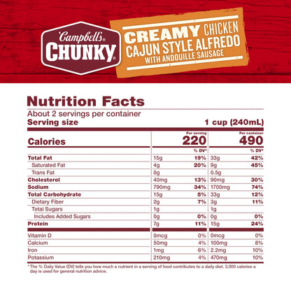 Campbell's Chunky Creamy Chicken Cajun Style Alfredo With Andouille Sausage Soup, 18.8 oz Can