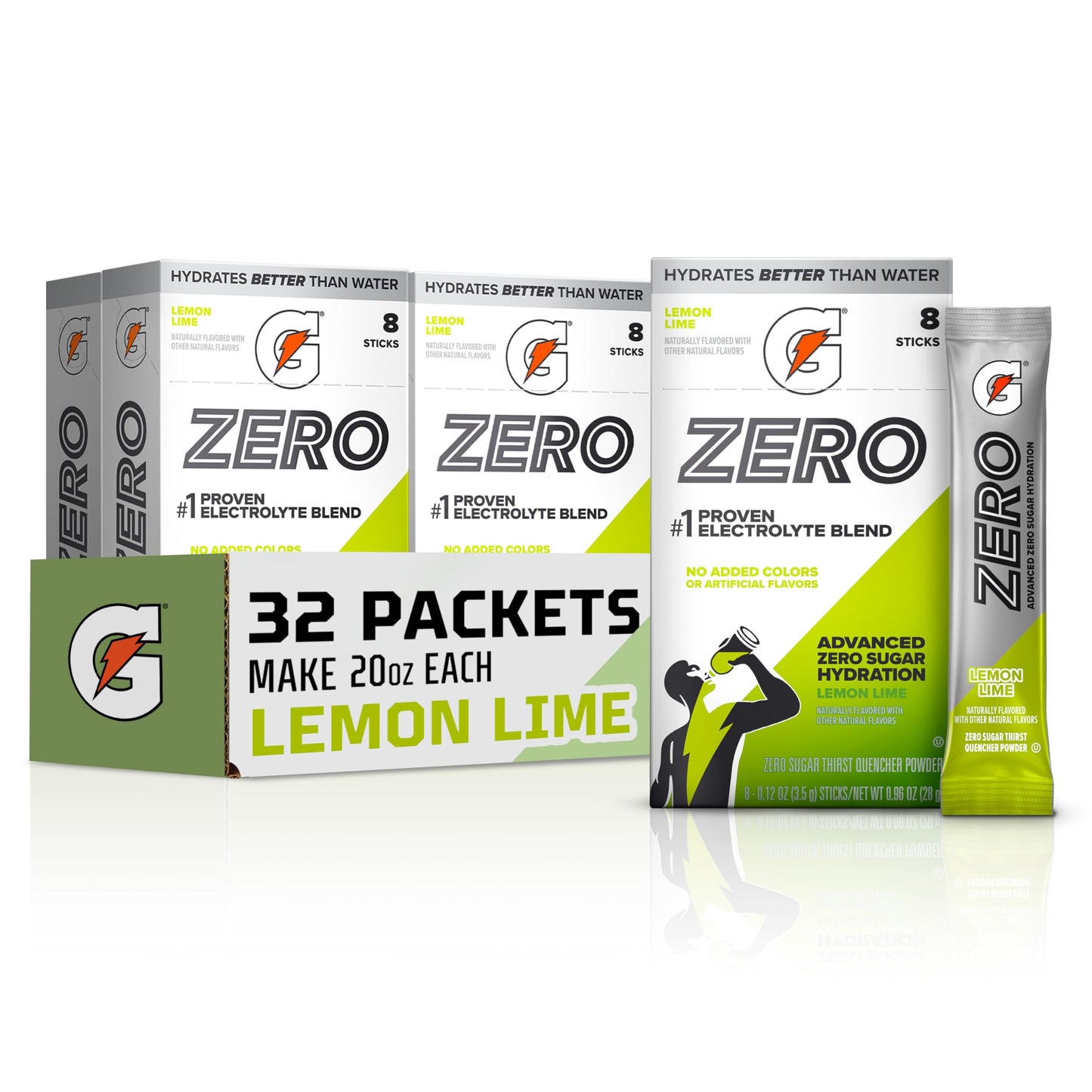 Gatorade Zero Sugar Electrolyte Powder Drink Mix, Lemon Lime, (32 Servings), No Artificial Flavors, No Added Colors, Zero Sugar, Sports Drinks, Hydration, Electrolyte Drink