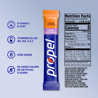 Propel Immune Support Electrolyte Powder Drink Mix, Lemon Blackberry, (96 Servings), 100% DV Vitamin C, Good Source of Zinc, Zero Sugar, Gatorade Electrolytes, No Added Colors, No Artificial Flavor