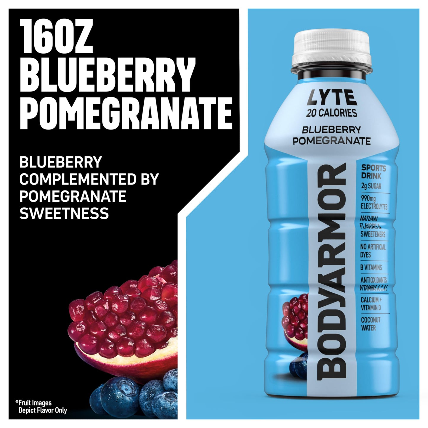 BODYARMOR LYTE, Blueberry Pomegranate & Dragonfruit Berry Electrolyte Drink, 20 Calories, 16 Fl Oz Bottles (24 bottles), Coconut Water Sports Drink, Natural Flavor & B Vitamins