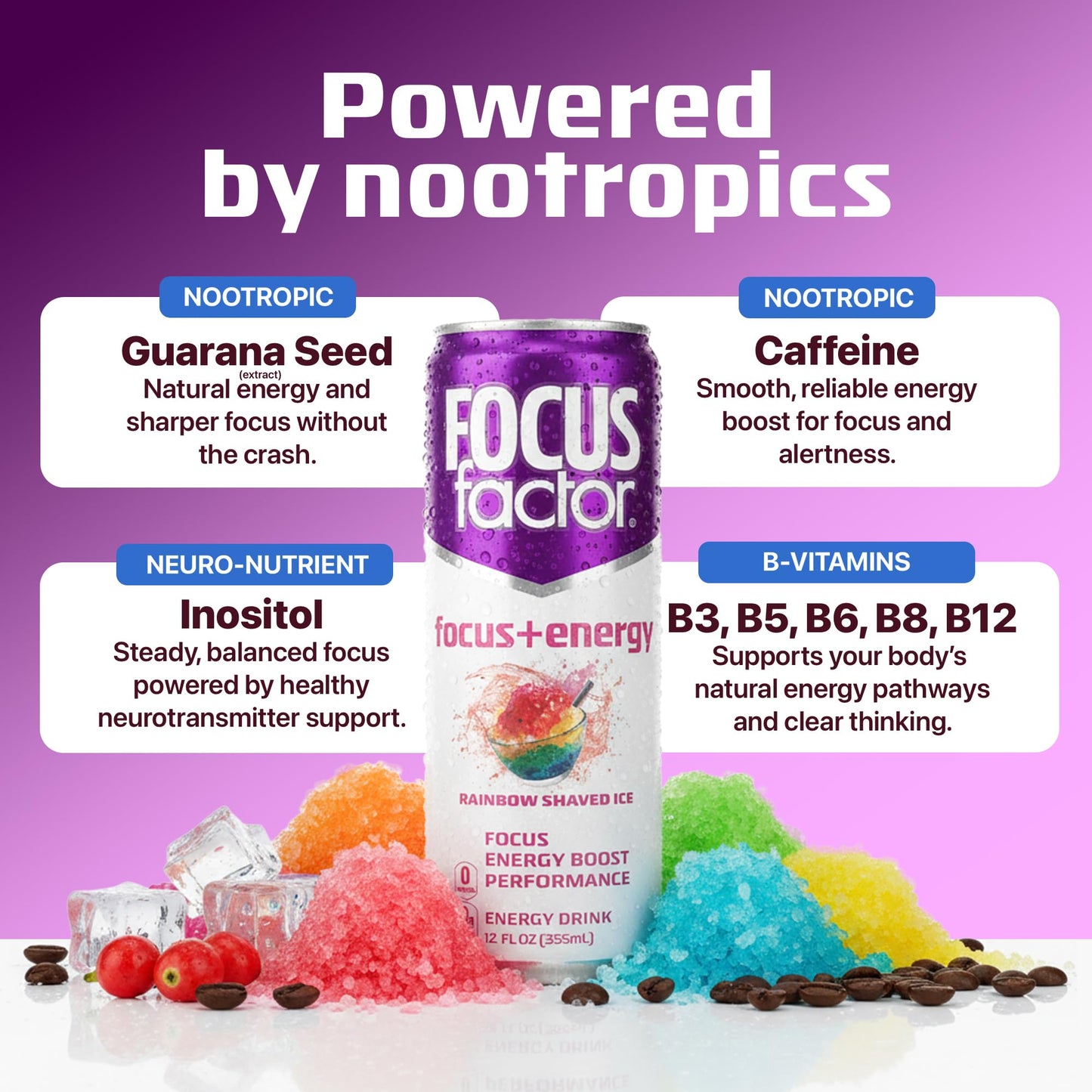 Focus Factor Energy Drink - 12 x 355ml Cans (Rainbow Shaved Ice Flavor) - with Focus + Energy - Lightly Carbonated, Sugar Free, Low Calorie with Vitamin B6 & Vitamin B12