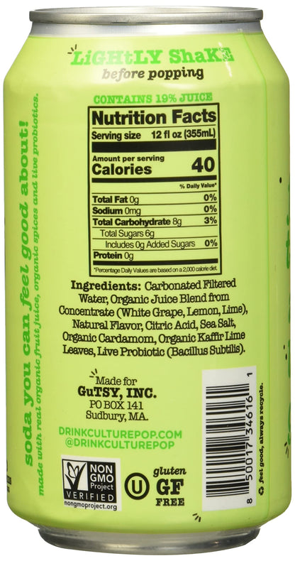 Culture Pop Lemon Lime & Cardamom Probiotic Soda, Plant Based, 12 Fluid Ounces (Pack Of 12)