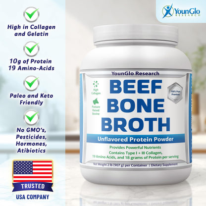 Bone Broth Beef Protein Powder - 2 lb, Unflavored - High Collagen & Gelatin from Grass Fed Bovine - Nutritious Marrow Benefits for Soups, Paleo & Keto Friendly Diets