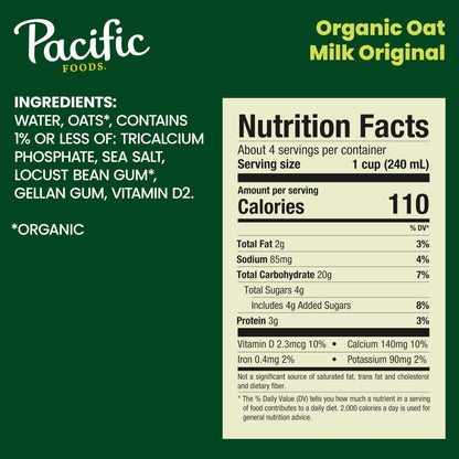 Pacific Foods Original Organic Oat Milk, Plant Based Milk, 32 oz Carton (12 Pack)