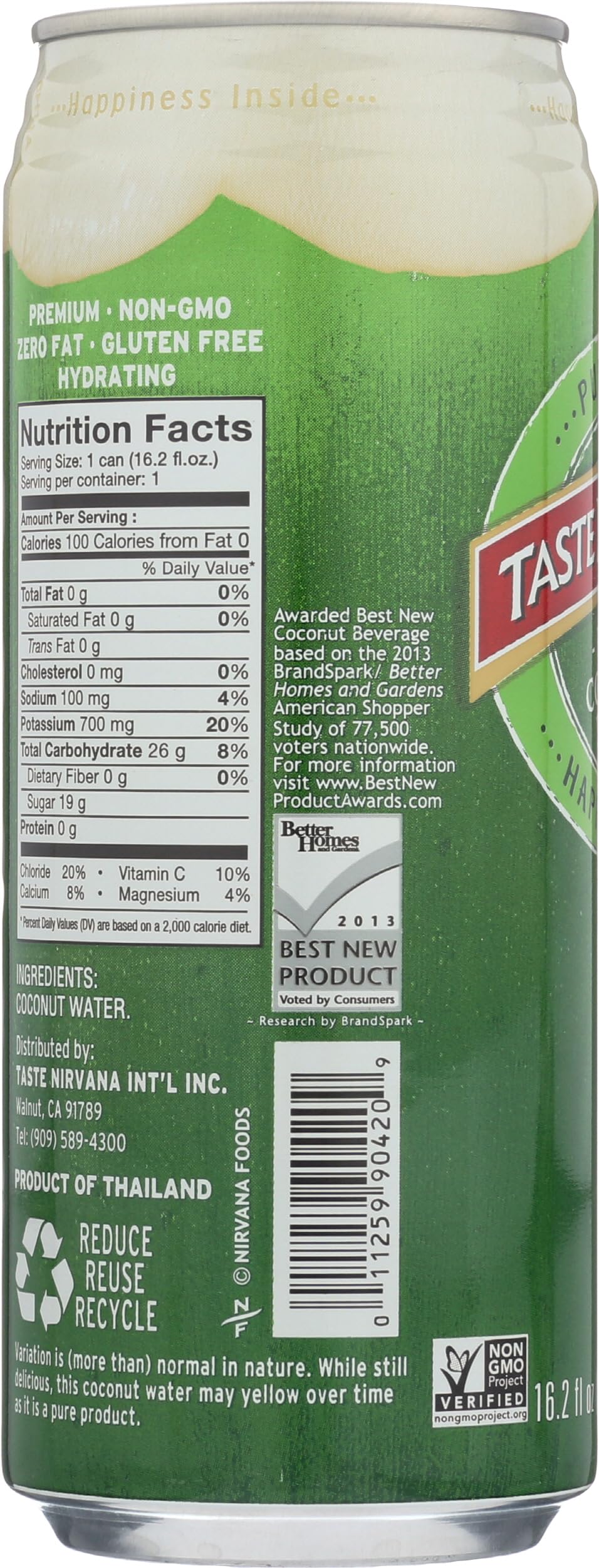Taste Nirvana Real Coconut Water, Coco Real Premium Coconut Water, 16.2 Ounce Can