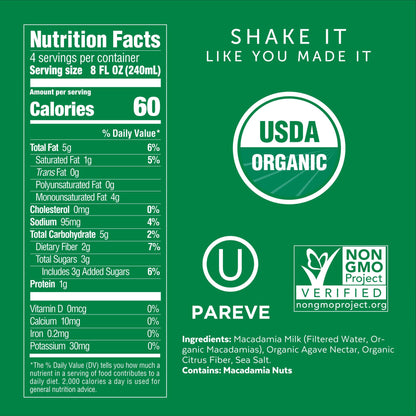 Milkadamia Organic Artisan Macadamia Milk, Non-Dairy, Plant Based, Vegan, Gluten Free, 32 Fluid Ounce (Pack of 6)