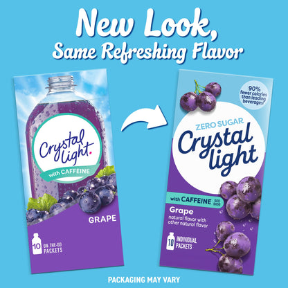 Crystal Light Drink Mix with Caffeine, 10 Packets, for Convenient On-the-Go Flavorful Hydration, Grape Natural Flavor With Other Natural Flavors, Zero Sugar, 1.1 oz