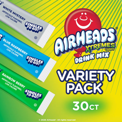 Airheads Xtreme Singles To Go! Drink Mix 30ct Variety Pack, Zero Sugar, Low Calorie, Sweet & Sour Powder Drink Mix Packets, Blue Raspberry, Rainbow Berry, White Mystery, 30 Count