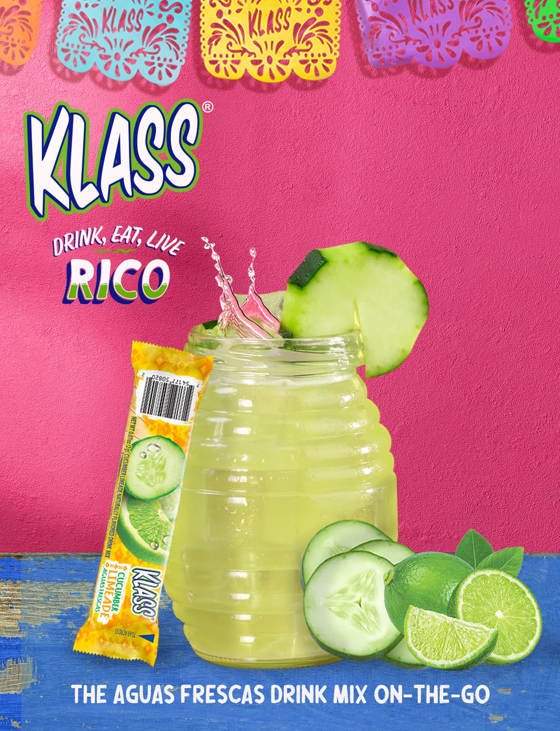 Klass Aguas Frescas, Powdered Drink Mix, 40 Singles Zero Sugar & Caffeine-Free Powder Packets, Water Drink Mix, Flavor: Cucumber Limeade - 5 Calories Per Packet & Natural Flavors