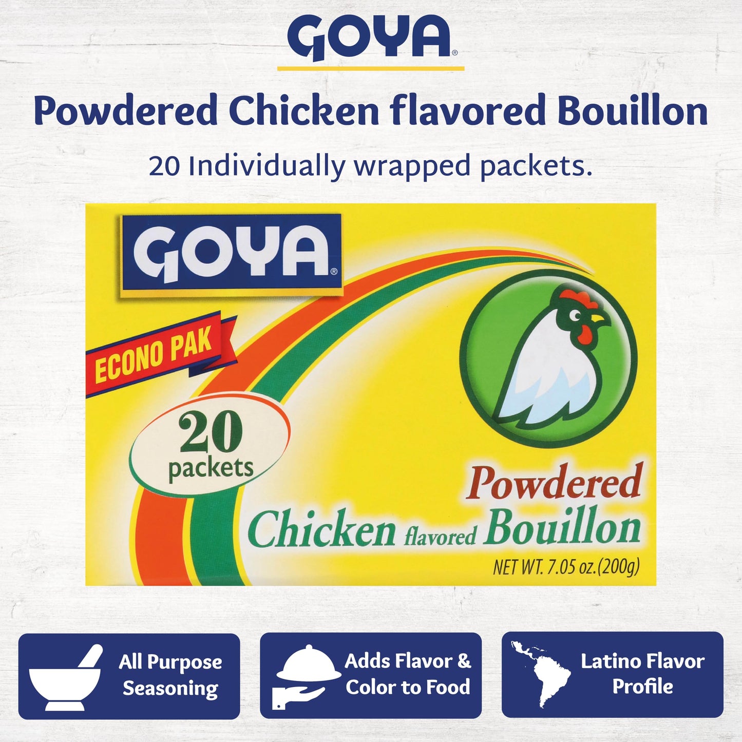 Goya Chicken Bouillon Powder Packets, 7.05 oz (2-Pack), Instant Broth and Seasoning for Soups, Stews, Rice, and Gravy, Bold, Latin-Inspired Flavor