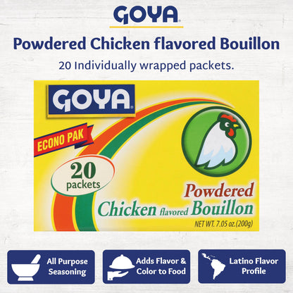 Goya Chicken Bouillon Powder Packets, 7.05 oz (2-Pack), Instant Broth and Seasoning for Soups, Stews, Rice, and Gravy, Bold, Latin-Inspired Flavor