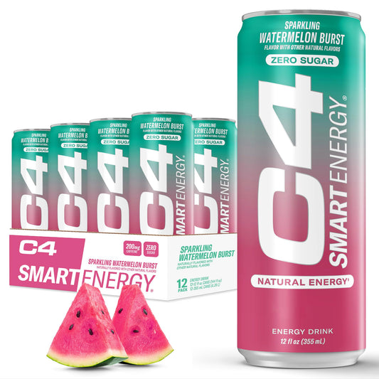 C4 Smart Energy Drink - Sugar Free Performance Fuel & Nootropic Brain Booster, Coffee Substitute or Alternative | Watermelon Burst 12 Oz - 12 Pack