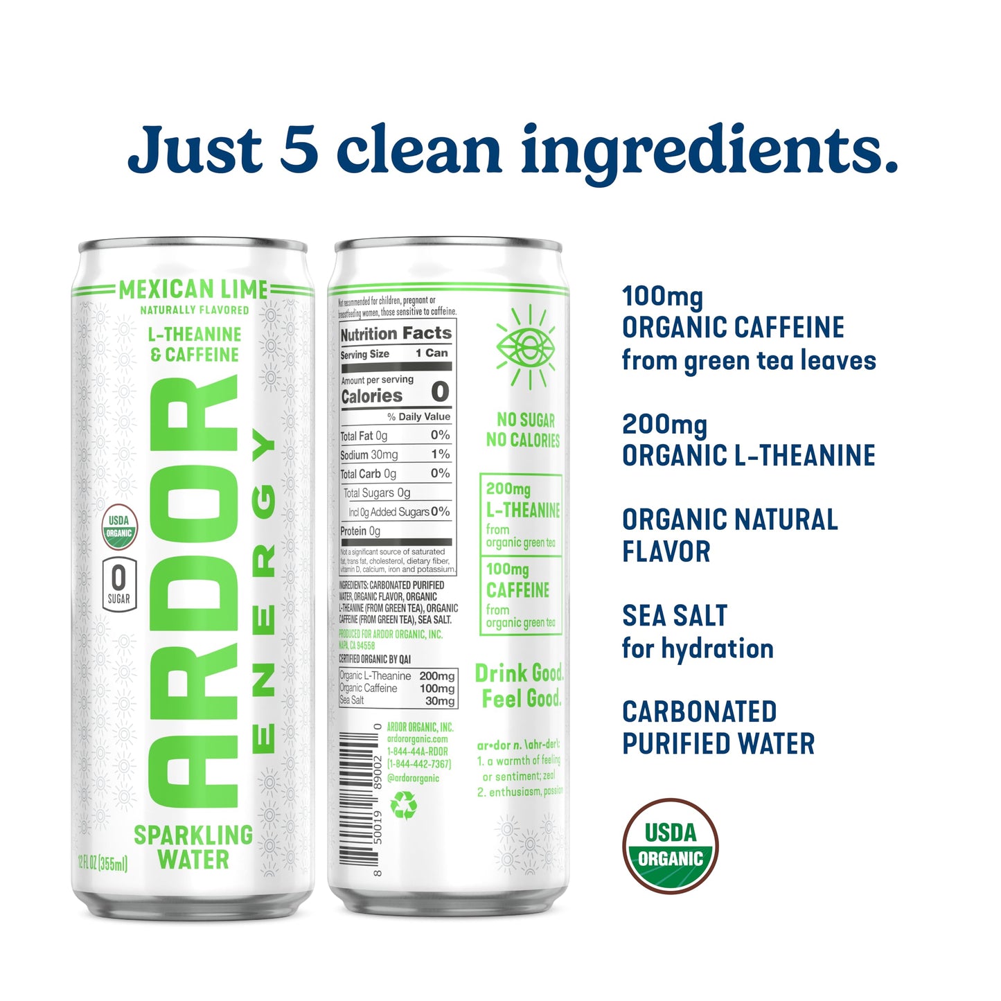 ARDOR Sparkling Water with 100mg Natural Caffeine & 200mg L-Theanine from Organic Green Tea for Smooth Energy & Focus | No Sugar, 0 Calories | Vegan, Gluten-Free | Mexican Lime - 12 Ct