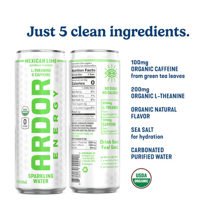 ARDOR Sparkling Water with 100mg Natural Caffeine & 200mg L-Theanine from Organic Green Tea for Smooth Energy & Focus | No Sugar, 0 Calories | Vegan, Gluten-Free | Mexican Lime - 12 Ct