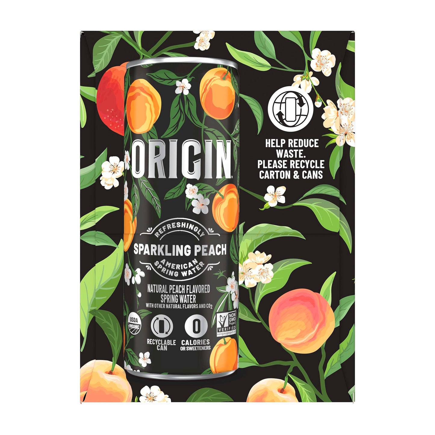ORIGIN Organic & Non-GMO Peach Flavor Sparkling Water, 12 Fl Oz, Recyclable Aluminum Cans (6 Count) (Pack of 2)