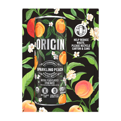 ORIGIN Organic & Non-GMO Peach Flavor Sparkling Water, 12 Fl Oz, Recyclable Aluminum Cans (6 Count) (Pack of 2)