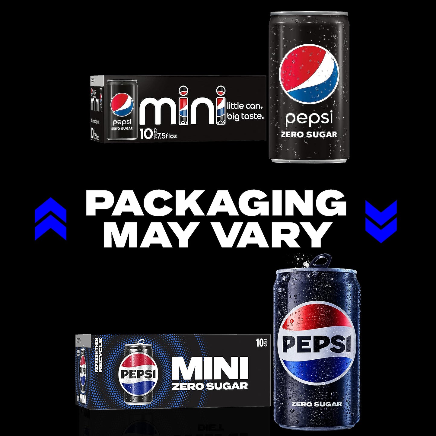 Pepsi Zero Sugar Soda, 7.5 Ounce Mini Cans, (Two packs of 10) (Packaging May Vary)