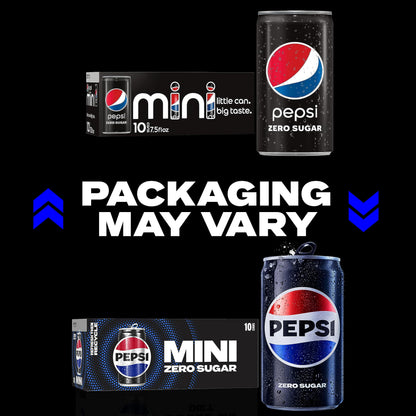 Pepsi Zero Sugar Soda, 7.5 Ounce Mini Cans, (Two packs of 10) (Packaging May Vary)