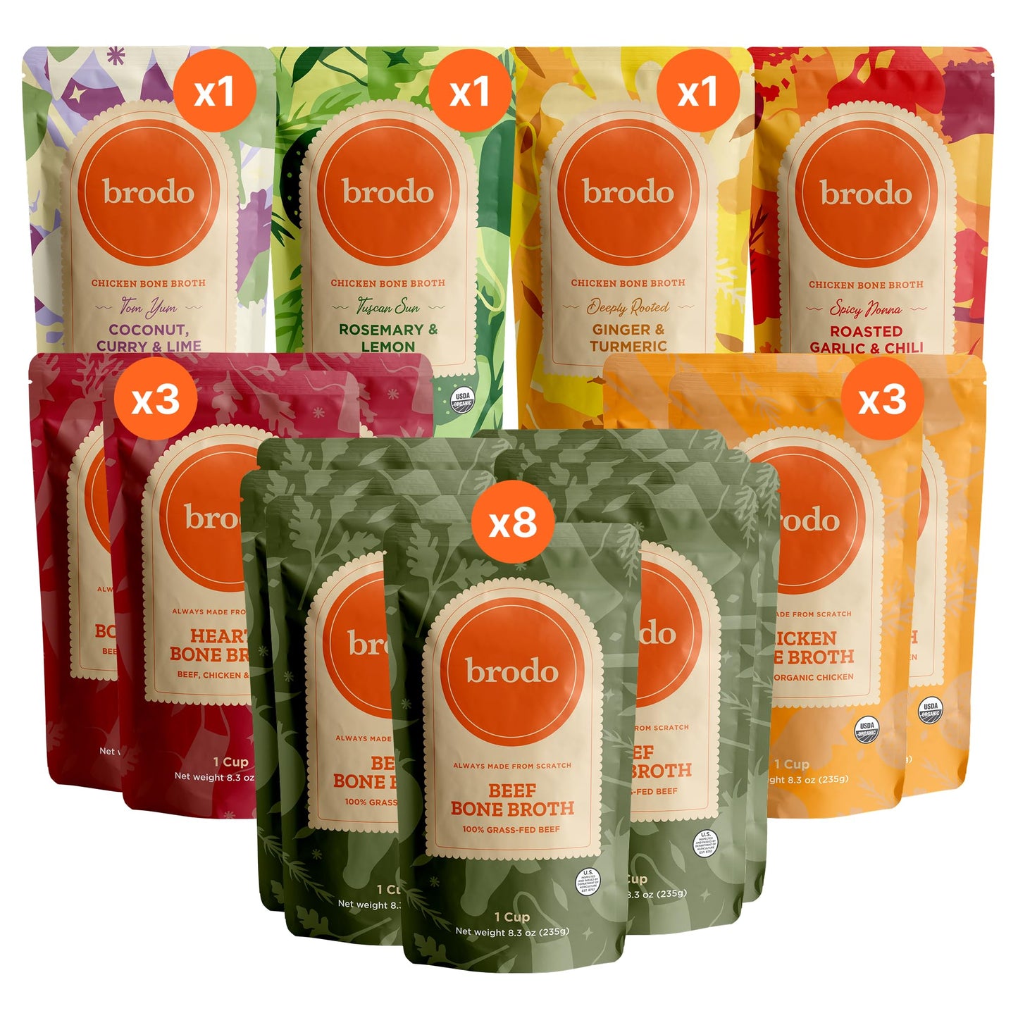 Brodo Bone Broth Bundle, Variety, Classic, and Grass-Fed Beef Packs, 8.3 oz (18 Cups Total)