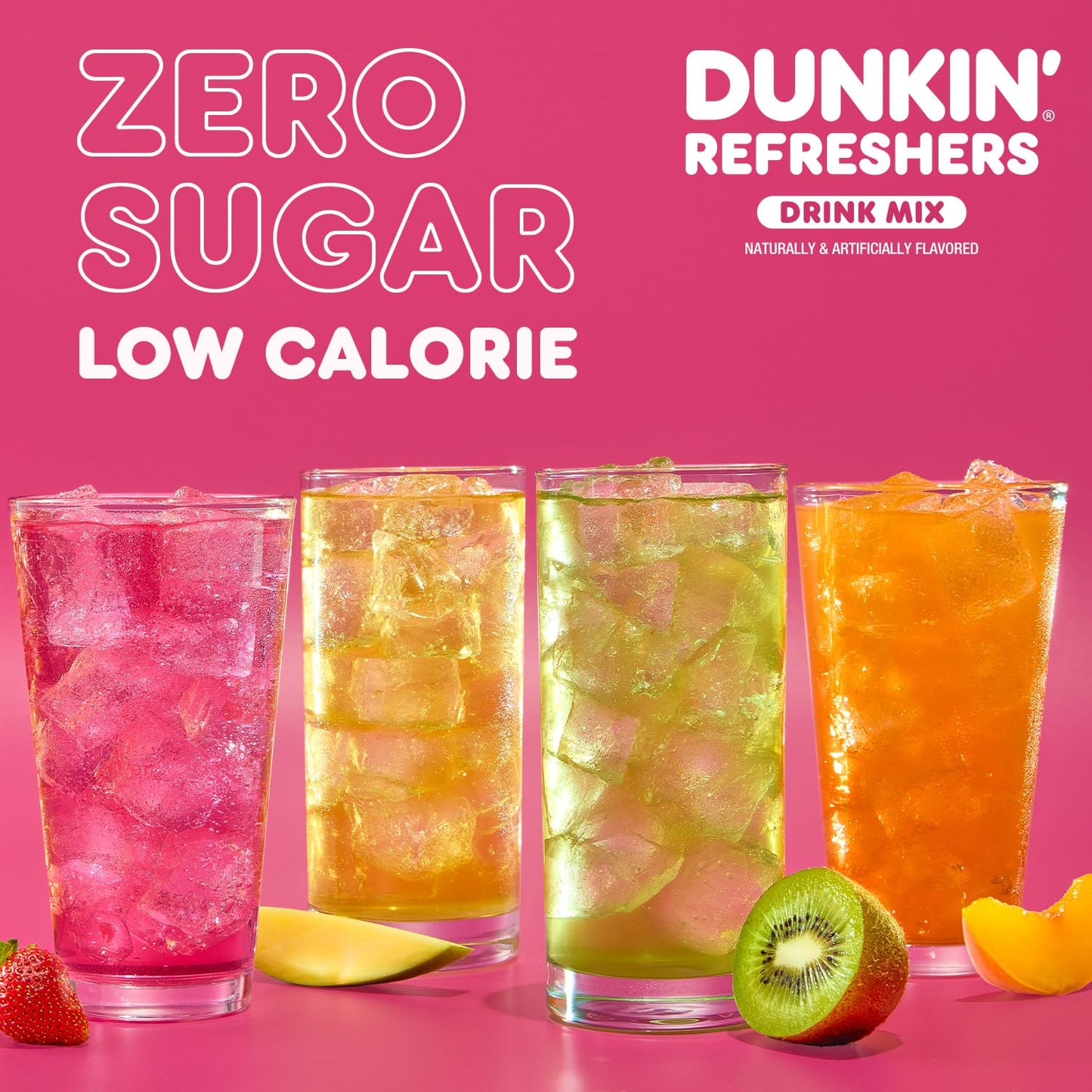 Dunkin’ Zero Sugar Refreshers Singles To Go! Powdered drink mix packets, 40 Ct Variety Pack, 40 Single serve Packets per Box (40 servings), Energy from Green Tea, aspartame-free, no synthetic colors, naturally and artificially flavored, just add water