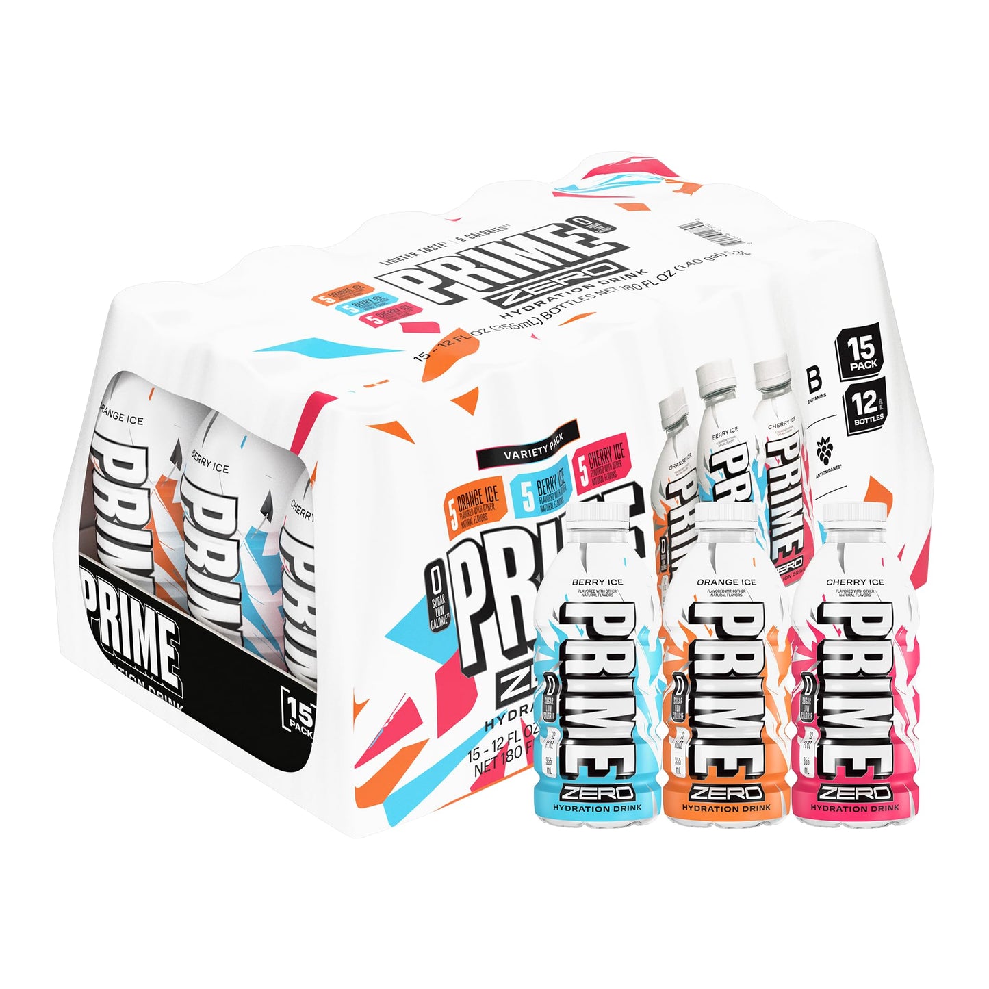 PRIME ZERO Variety Berry Ice, Cherry Ice, & Orange Ice Sugar Free Sports Drinks, Electrolyte Enhanced to Replenish Fluids, B Vitamins, Antioxidants, Low Calorie, Natural Flavors, 12 Fl Oz, 15 Pack