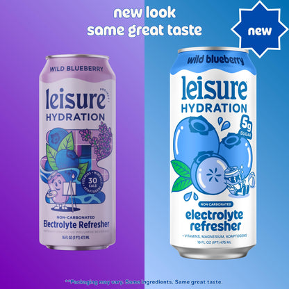 Leisure Hydration Non-Carbonated Electrolyte Refresher, Wild Blueberry Flavor - Low Sugar Nutrient Enhanced Water Beverage - Get The Best Hydration Packed w/ Magnesium & Ashwagandha For Mood & Stress Support, Non-GMO, 16 oz (12-Cans)