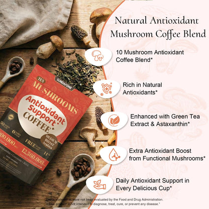 SUNDAFONE Youth Glowing Skin Mushroom Coffee | For Hydrated Youthful Skin & Antioxidant Support |10 Mushrooms + Turmeric, Green Tea Extract, Astaxanthin & Black Pepper; Instant Organic Mushroom Coffee