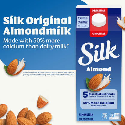 Silk Almond Milk, Original, Dairy Free, Gluten Free, Seriously Creamy Vegan Milk with 50% More Calcium than Dairy Milk, 64 FL OZ Half Gallon