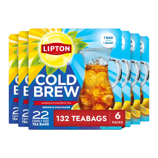Lipton Cold Brew Black Tea Bags Family Size 6-Pack 132 Total Bags Rainforest Alliance Certified Iced Tea Bags for Smooth Crisp Refreshing Cold Brewing Experience