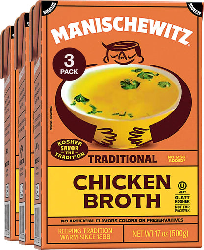 Manischewitz Chicken Broth 17oz (3 Pack), Rich Flavor | Kettle Cooked & Slowly Simmered | Certified Kosher