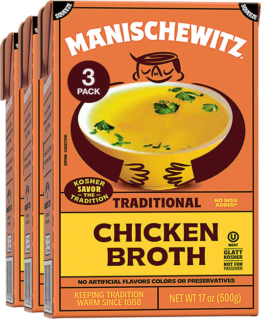 Manischewitz Chicken Broth 17oz (3 Pack), Rich Flavor | Kettle Cooked & Slowly Simmered | Certified Kosher