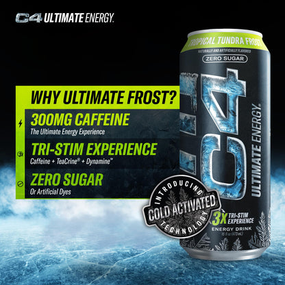 C4 Ultimate Frost Zero Sugar Energy Drink, Tri-Stim Experience with 300mg Caffeine + TeaCrine + Dynamine, Tropical Tundra Frost, 16oz (Pack of 12)