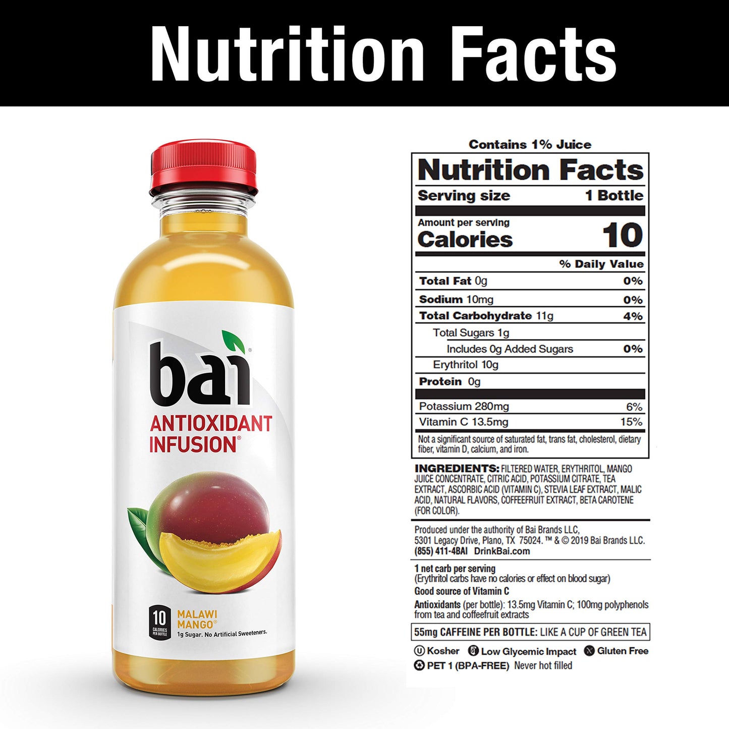 Bai Flavored Water, Malawi Mango, Antioxidant Infused Drinks, 18 Fluid Ounce Bottle (Pack of 12)