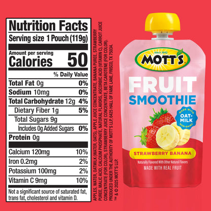 Mott’s Fruit Smoothies Strawberry Banana, 4.2 oz clear pouches, 8 Pack, Non-dairy, Made With Oatmilk, Made With Real Fruit, Good Source of Calcium, On-the-Go