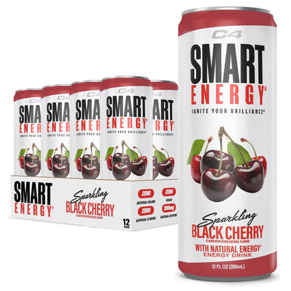 C4 Smart Energy Drink – Boost Focus and Energy with Zero Sugar, Natural Energy, and Nootropics - 200mg Caffeine - Black Cherry (12oz Pack of 12)